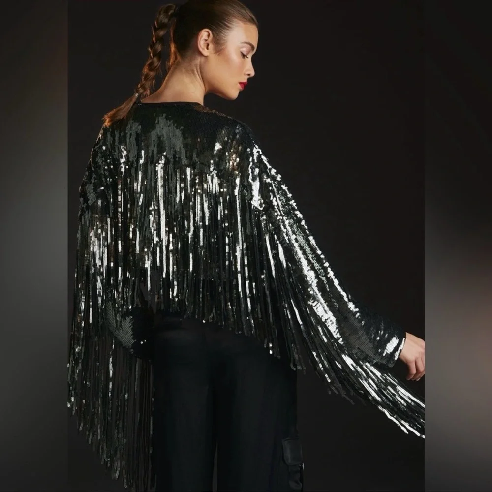 By Anthropologie Green Silver Black Sequin Fringed Jacket Large EUC Rare - Picture 3 of 10